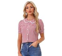 Allegra K Chemisier à Carreaux pour Femmes Contraste à Manches Courtes Bouffantes Haut Chemise à col Claudine Rouge XL
