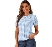 Allegra K Chemisier à Carreaux pour Femmes Contraste à Manches Courtes Bouffantes Haut Chemise à col Claudine Bleu Ciel S