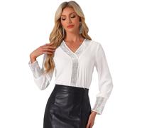 Allegra K Chemisier à Paillettes pour Femme Col en V Manches Longues Décontracté Chemise Léger Blouse Colorée Scintillante Blanc L
