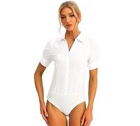 Allegra K Chemisier Body Femme de Bureau boutonné Bodysuit Une pièce à Manches Courtes Body Chemise de Travail Blanc XL