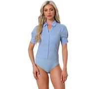Allegra K Chemisier Body Femme de Bureau boutonné Bodysuit Une pièce à Manches Courtes Body Chemise de Travail Bleu M
