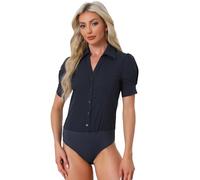 Allegra K Chemisier Body Femme de Bureau boutonné Bodysuit Une pièce à Manches Courtes Body Chemise de Travail Bleu Marin M