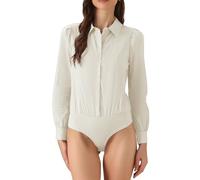 Allegra K Chemisier Body Femme Justaucorps Col Rebattu pour Business Chemise Décontracté Boutonné à Manches Longues Body Haut Beige L