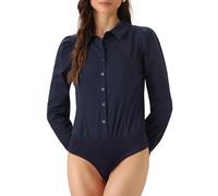 Allegra K Chemisier Body Femme Justaucorps Col Rebattu pour Business Chemise Décontracté Boutonné à Manches Longues Body Haut Bleu marin M