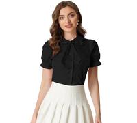 Allegra K Chemisier boutonné en Coton à Manches Bouffantes et col Claudine pour Femmes Noir S