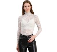 Allegra K Chemisier en Dentelle Florale Femme Haut Transparente à Manches Longues et Col Ras du Cou Blanc XL