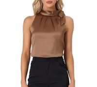 Allegra K Chemisier en Satin Femme sans Manches Col à Nouer Haut de Travail Débardeur Élégant pour Bureau Marron S