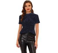 Allegra K Chemisier en Velours à Sequins pour Femmes Haut Paillettes à col Rond et à Manches Courtes T-Shirt Brillant Bleu Marin L