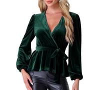 Allegra K Chemisier en Velours Femme Tunique Noué à la Taille Manches Longues Blouse Col en V Élégant Haut Péplum Vintage pour Fête Noël Vert Foncé L