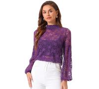 Allegra K Chemisier Femme en Dentelle Floral Col Montant Chemise Manche Longues Semi-Transparent Haut Chic et élégant Violet S