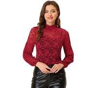 Allegra K Chemisier Femme en Dentelle Floral Col Montant Chemise Manche Longues Semi-Transparent Haut Chic et élégant Rouge foncé XL