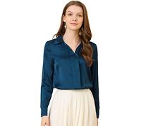Allegra K Chemisier Femme en Satin Col en V Blouse Satinnée Chic et élégante pour Bureau à Manches Longues Coupe Ample Bleu Profond du lac L
