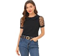 Allegra K Chemisier Vintage Femme À Manches Bouffantes Transparentes Et Col Claudine Haut en Maille À Pois T-Shirts D'Été Noir S