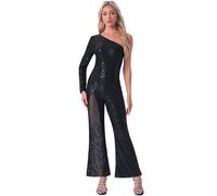 Allegra K Combinaison à Paillettes Femme Asymétrique Une Épaule Dénudée Jambes Larges Transparente Barboteuse de Fête Jumpsuit en Sequin Noir M