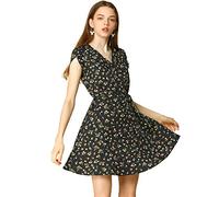 Allegra K Crossover Col V Manches Pétales Robe Florale Fleurie Ceinturée Noir S