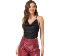 Allegra K Débardeur à Paillettes Femme Camisole Col Bénitier Top Scintillant Dos Nu sans Manche Caraco Court à Lacets Réglable Clubwear Noir L