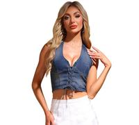 Allegra K Débardeur Corset en Jean Femme Gilet Court Col Licou à Lacets Veste sans Manches en Denim Bleu S