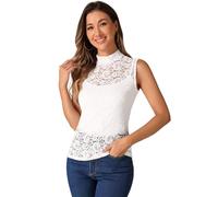 Allegra K Débardeur en Dentelle Florale Femmes Pull Col Montant Hauts sans Manches Chic et élégant Tops Transparents élastiques Blanc M