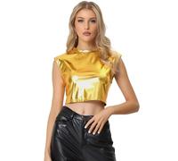 Allegra K Débardeur Métallique Femme Col Rond Haut Court Holographique Top Soiré Brillant sans Manches Tenu de Fête Or L