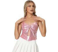 Allegra K Débardeur Métallique Femme Haut sans Manches Brillant à Bretelles Spaghetti Caraco Col Licou Clubwear Haut de Soirée Costume d'halloween Rose XL