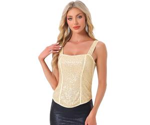 Allegra K Débardeurs à Paillettes Femme Camisole en Sequin Haut Corset Scintillante Sans Manches à Bretelles Top Sexy de Club Or clair M
