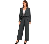 Allegra K Ensemble 2 Pièces Femme Tenue d'affaires Décontractée Veste Courte à Revers Crantés avec Pantalon à Jambe Large Costumes d'affaires Gris Foncé L
