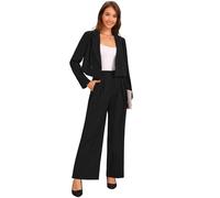 Allegra K Ensemble 2 Pièces Femme Tenue d'affaires Décontractée Veste Courte à Revers Crantés avec Pantalon à Jambe Large Costumes d'affaires Noir XL