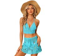 Allegra K Ensemble de Bikini 2 pièces pour Femmes Col en V Summer Beach Crochet évider Knit Sets Bleu Clair S