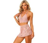 Allegra K Ensemble de Bikini 2 pièces pour Femmes Col en V Summer Beach Crochet évider Knit Sets Rose S