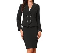 Allegra K Ensemble de Costume 2 Pièces Femme Blazer Revers Crantés à Manches Longues avec Jupe Coupe Crayon Tailleurs de Bureau Formelle Noir XL