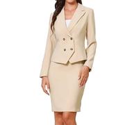 Allegra K Ensemble de Costume 2 Pièces Femme Blazer Revers Crantés à Manches Longues avec Jupe Moulante Tailleurs de Bureau Formelle Kaki L
