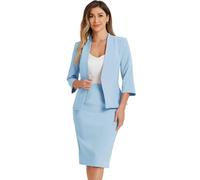 Allegra K Ensemble de Costume Jupe d'affaires pour Femmes 2 pièces Tenue de Travail de Bureau Blazer sans col Jupe crayonBleu Clair L