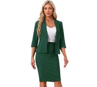 Allegra K Ensemble de Costume Jupe d'affaires pour Femmes 2 pièces Tenue de Travail de Bureau Blazer sans col Jupe crayonVert foncé L