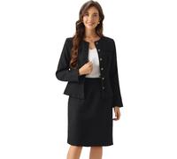 Allegra K Ensemble de Costume pour Femmes en Tweed 2 Pièces Tenues d'affaires Veste Blazer sans Col à Basque et Jupe Crayon Moulante Noir M