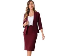 Allegra K Ensemble de Costume pour Femmes Jupe Crayon d'affaires Tenue de Travail 2 Pièces Blazer Col en V de Bureau Rouge Foncé L