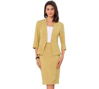 Allegra K Ensemble de Costume pour Femmes Jupe d'affaires Tenue de Travail 2 Pièces Blazer Col en V de Bureau Jupe Crayon Jaune XL