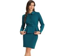 Allegra K Ensemble de Costumes d'affaires 2 Pièces Femme Col Claudine Veste Blazer Péplum À Basque Et Jupe Courte Crayon Bleu Vert M