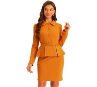 Allegra K Ensemble de Costumes d'affaires 2 Pièces Femme Col Claudine Veste Blazer Péplum À Basque Et Jupe Courte Crayon Orange Sombre M