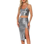 Allegra K Ensemble de Jupe Métallique Femme 2 Pièces Tenus de Fête Brillant Haut Caraco Sans Manches avec Jupe Fendue Clubwear Gris Argenté XL