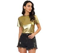 Allegra K Femme Fête Métallique Textured Short Manche Brillant Multicolore Top de Noël pour Femme Or XL