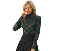 Allegra K Femmes Chemisier Col Roulé Manches Longues Carreaux Slim Vert Marron M