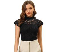 Allegra K Femmes Chemisier Semi-Transparent Manches Courtes Col Montant Dentelle Halloween déguisement Noir L