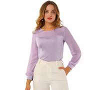 Allegra K Femmes Élégant Panneau Maille Satinée Haut Col Rond Trou Serrure Dos Chemise Chemisier Manches Lanterne Transparente Violet Clair S