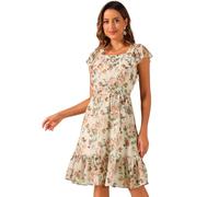Allegra K Femmes Flutter Manches Ceinturé Col Carré Ourlet à Volants Robe Beige M
