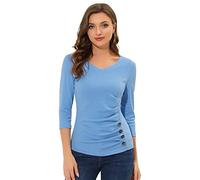 Allegra K Femmes Haut Froncé Manches 3/4 Col V Bleu Clair 3XL