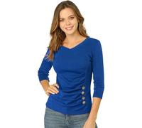 Allegra K Femmes Haut Froncé Manches 3/4 Col V Bleu Royal M
