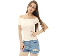 Allegra K Femmes Haut Manches Courtes Coupe à épaules dénudées T-Shirts Simples Blanc M