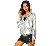 Allegra K Femmes Holographique Brillant Manches longues Zipper Encapuchonné Métallique Veste Argent M
