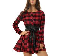 Allegra K Femmes Plaids Manches Longues ceinturé Mini Une Robe Chemise en Ligne Festival Vacances Rouge S