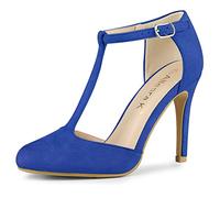 Allegra K Femmes Pointe Arrondie talo n Aiguille Sangle de Cheville en T Pompes Bleu Profond 41